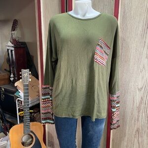 Acevog Olive Green Top with Patterned Accents